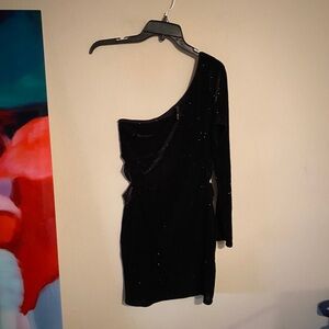 Black Sparkly One Shoulder Cut Out Mini Dress